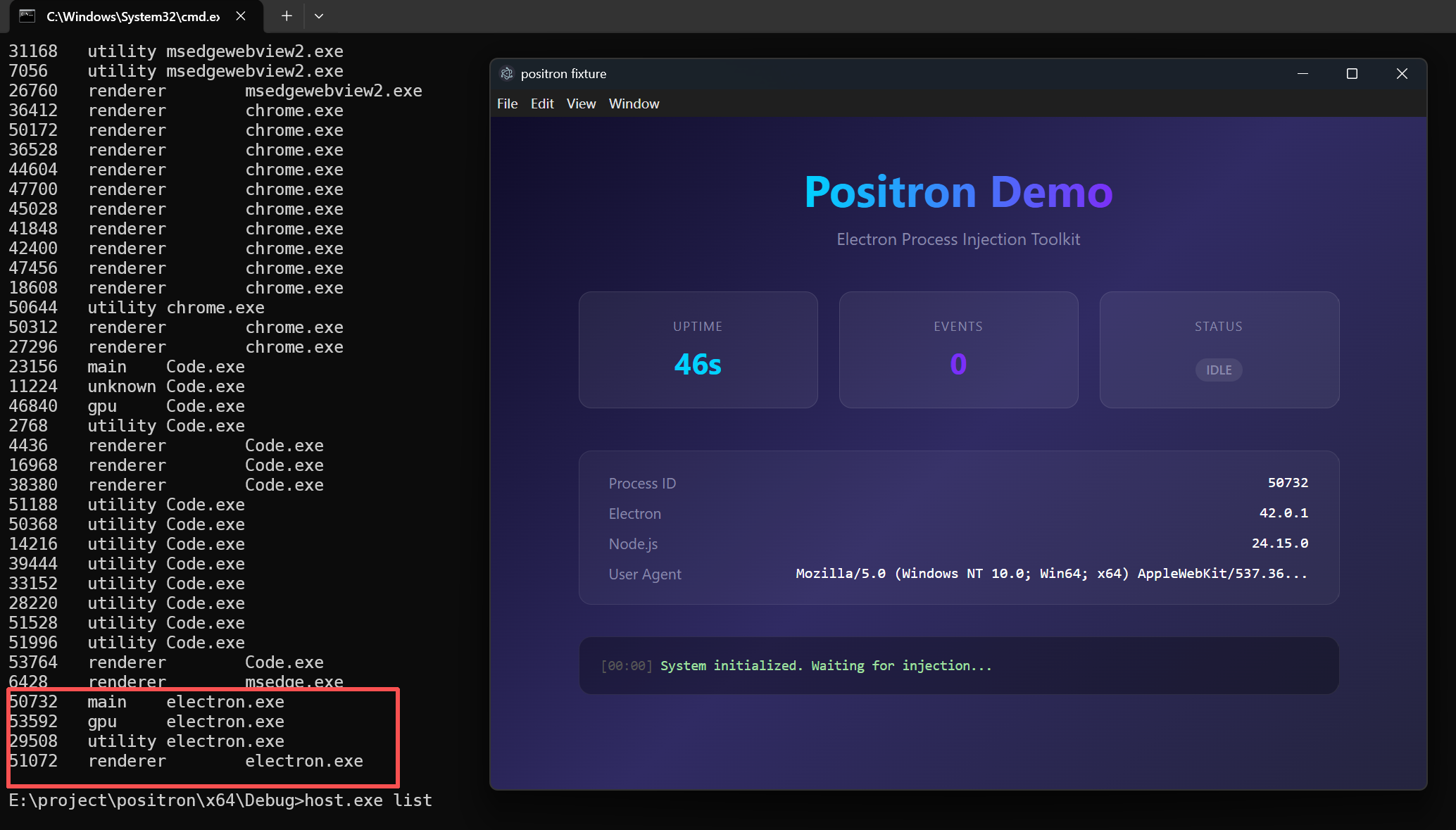 Positron process listing and demo app